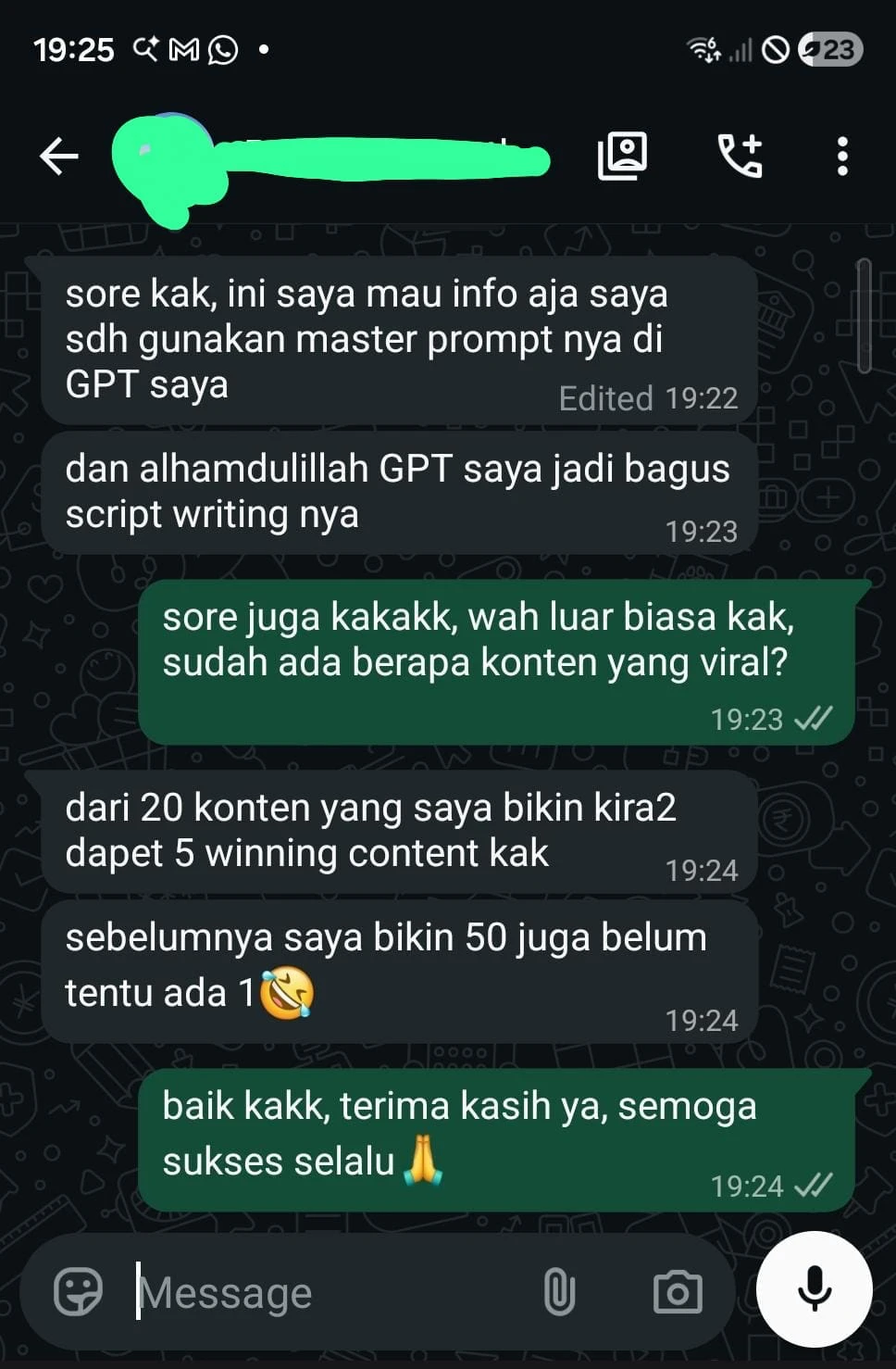 Chat WhatsApp pembeli: dari 20 konten dapat 5 winning content